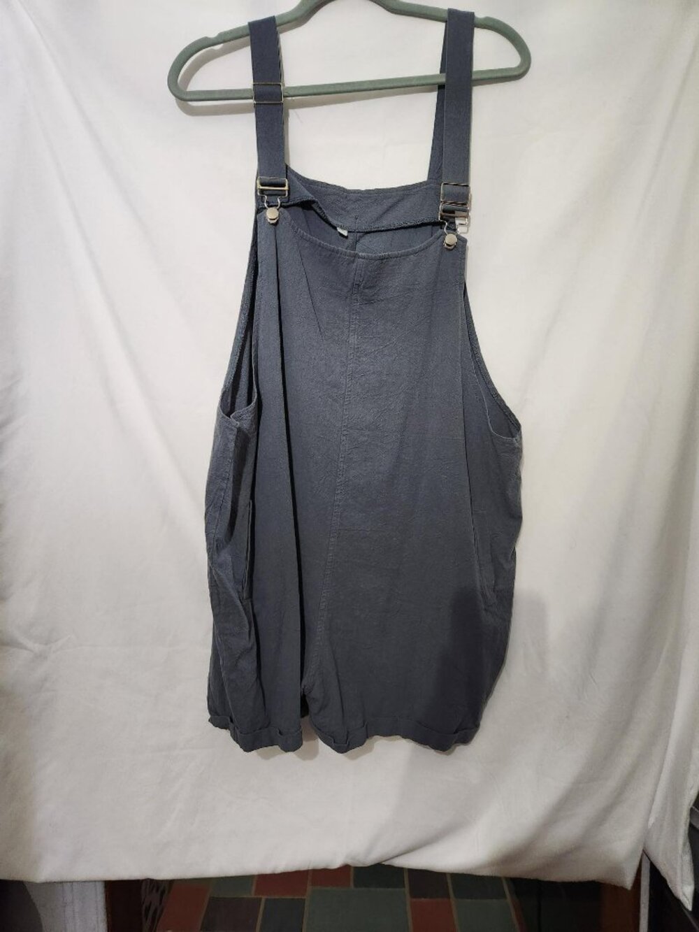 Fiona Jolin XXL Blue Gray Cotton Linen Short Overalls Bib Shortalls Pockets
